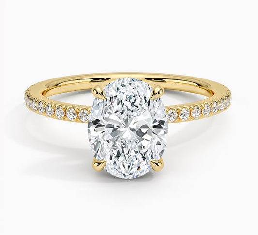 Hidden Accent Side Stone Lab-Grown Diamond Complete Engagement Ring in 14 Karat Yellow with 1 Oval Lab Grown Diamond, Color: F, Clarity: VS1, totaling 1.51ctw