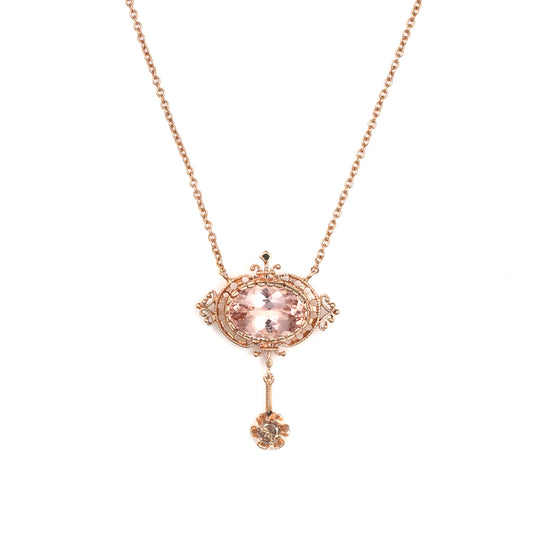 Drop M Estate Collection Color Gemstone Necklace in 14 Karat Rose with 1 Oval Pink Morganite 5.72ctw 14mm-14mm