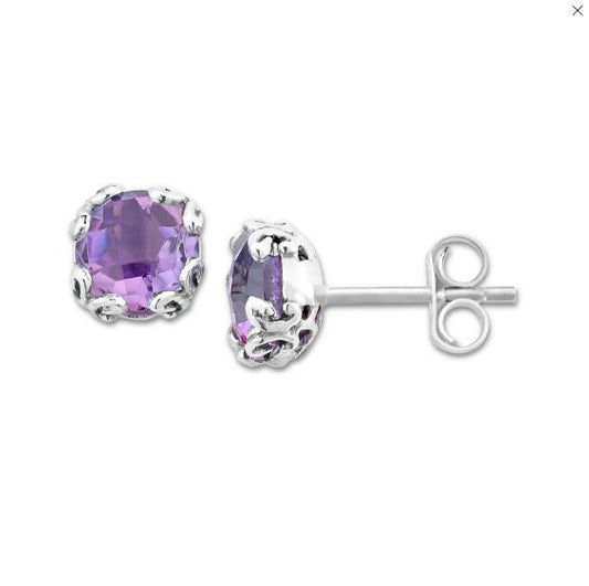 Stud Color Gemstone Earrings in Sterling Silver White with 2 Round Amethysts 7mm