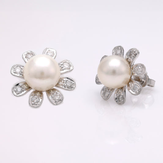 M Estate Collection Stud Natural Diamond Earrings in 18 Karat White White Akoya Pearls