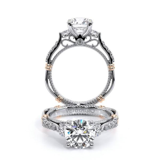 Hidden Accent Three Stone Natural Diamond Semi-Mount Engagement Ring in 14 Karat White - Rose with 12 Round Diamonds, Color: F/G, Clarity: VS2, totaling 0.35ctw