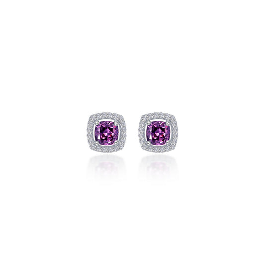 Stud Color Gemstone Earrings in Platinum Bonded Sterling Silver White with 2 Cushion Simulated Amethysts