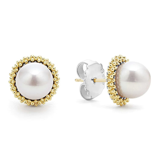 Luna Collection Stud Color Gemstone Earrings in Sterling Silver - 18 Karat White - Yellow Round White Pearl