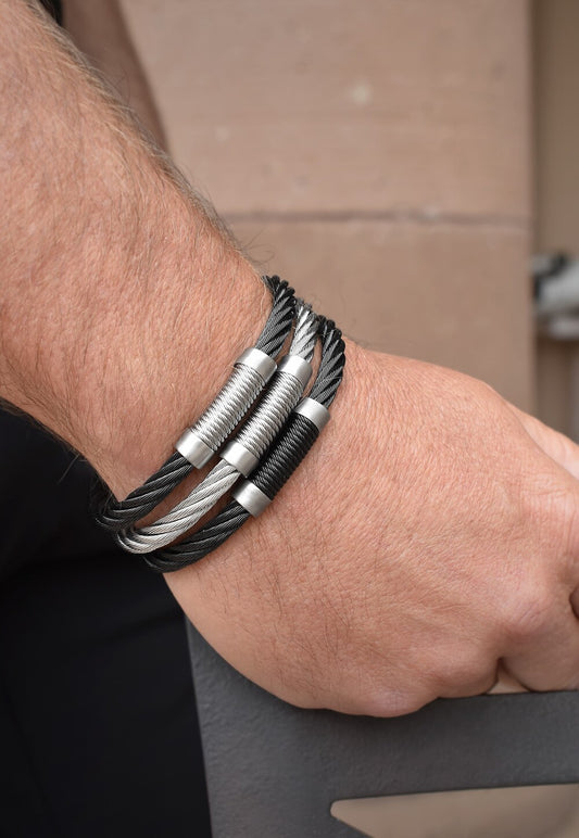 Bangle Bracelet (No Stones) in Stainless Steel Cable Black - Grey