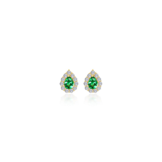 Stud Color Gemstone Earrings in Sterling Silver Yellow with 2 Pear Simulated Emeralds