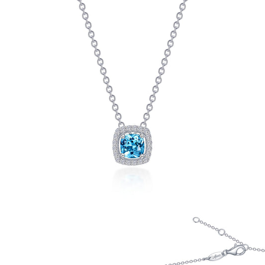 Color Gemstone Necklace in Platinum Bonded Sterling Silver White with 1 Cushion Simulated Blue Topaz