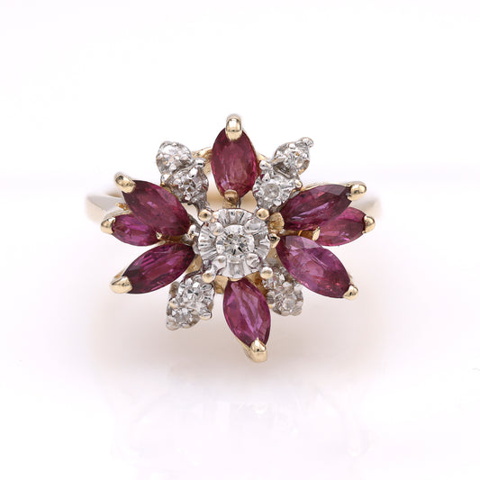 M Estate Collection Color Gemstone Ring in 14 Karat Yellow with 8 Marquise Purple Red Rubies 1.45ctw 5mm