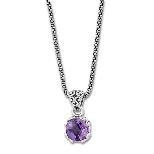 Pendant Color Gemstone Necklace in Sterling Silver White with 1 Round Amethyst 7mm-7mm