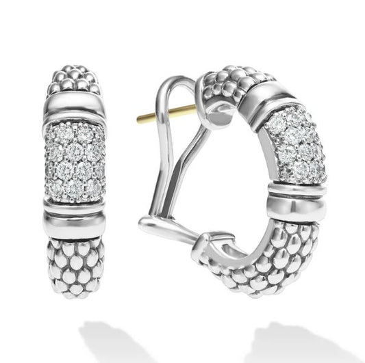 Lagos Signature Caviar Collection Medium Hoop Natural Diamond Earrings in Sterling Silver White with 0.53ctw Round Diamond