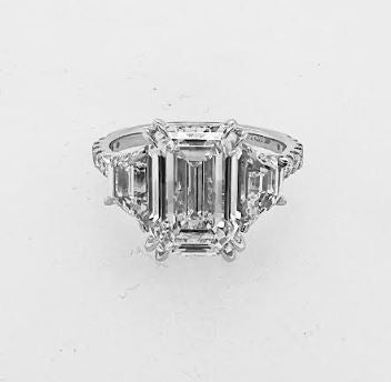 Three Stone Side Stone Lab-Grown Diamond Complete Engagement Ring in 14 Karat White with 1 Emerald Lab Grown Diamond, Color: D, Clarity: VS2, totaling 3.04ctw