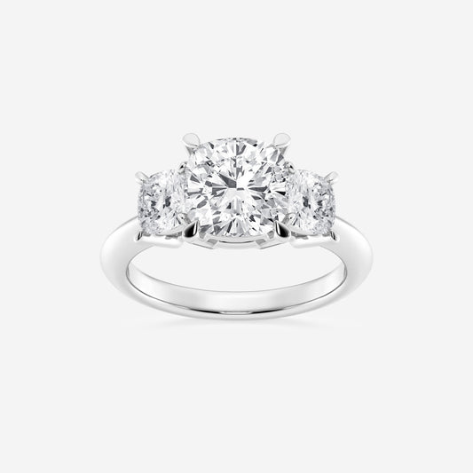 Three Stone Lab-Grown Diamond Complete Engagement Ring in 14 Karat White with 1 Cushion Lab Grown Diamond, Color: E, Clarity: VS1, totaling 3.01ctw