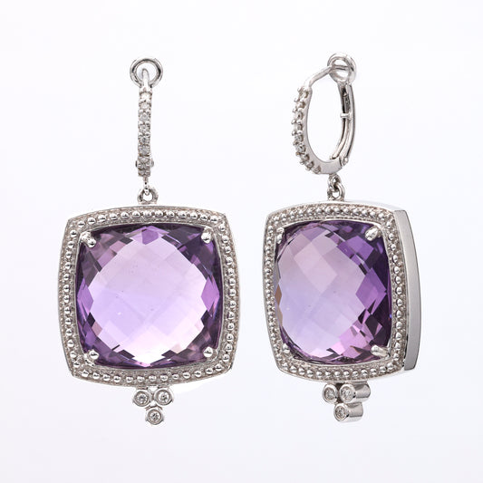 Dangle Color Gemstone Earrings in 14 Karat White with 2 Square Cushion Purple VS Amethysts 31.00ctw 16.4mm