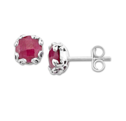 Stud Color Gemstone Earrings in Sterling Silver White with 2 Round Rubies 7mm