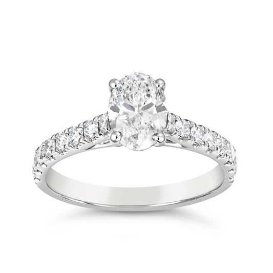 Side Stone Lab-Grown Diamond Complete Engagement Ring in 18 Karat White with 1.04ctw F VS1 Oval Lab Grown Diamond