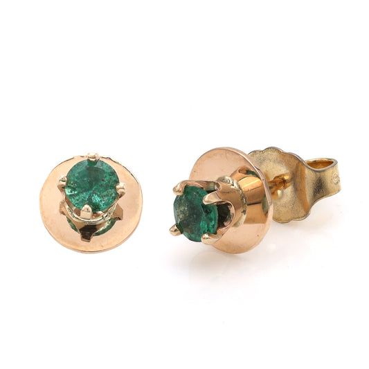 M Estate Collection Stud Color Gemstone Earrings in 14 Karat Yellow with 2 Round Emeralds