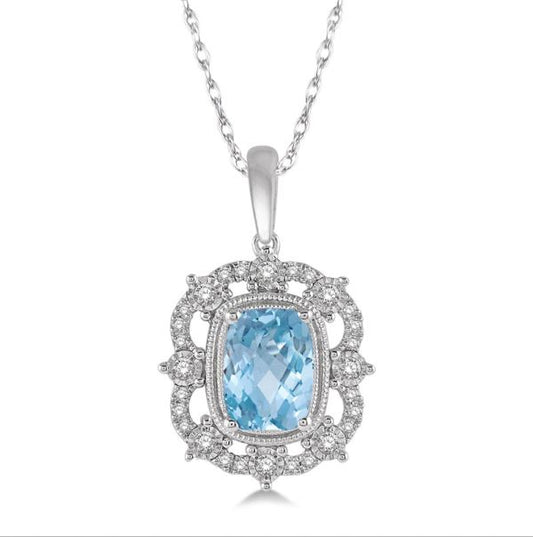 Pendant Semi-Precious Color Collection Color Gemstone Necklace in 10 Karat White with 1 Cushion Aquamarine 8mm-8mm