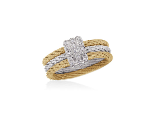 ALOR Natural Diamond Fashion Ring in Stainless Steel Cable in 18 Karat White Yellow with 0.11ctw Round Diamond