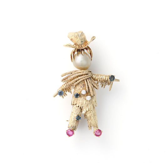 Estate Pins & Brooches Retro Pearl, Sapphire, Ruby. and Diamond Scarecrow/ Straw doll Pin