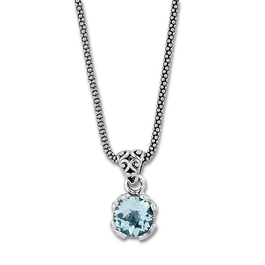 Pendant Color Gemstone Necklace in Sterling Silver White with 1 Round Blue Topaz 7mm-7mm