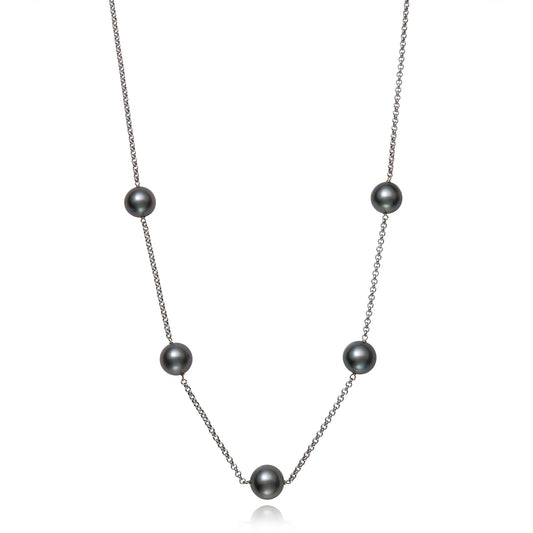 Tin Cup Color Gemstone Necklace in 14 Karat White with 5 Tahitian Grey Pearls 10mm-11mm