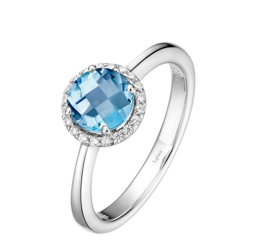 Color Gemstone Ring in Platinum Bonded Sterling Silver White RO Blue Topaz