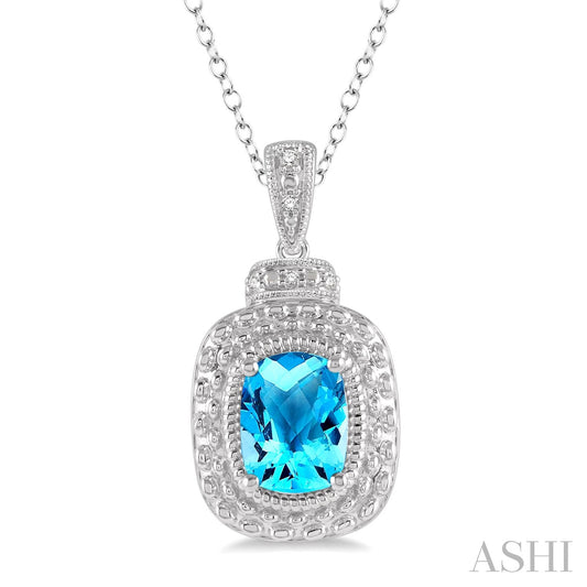 ReMARKable Designs Pendant Blue Topaz Necklace in Sterling Silver White with 1 Cushion Blue Topaz 8mm-8mm