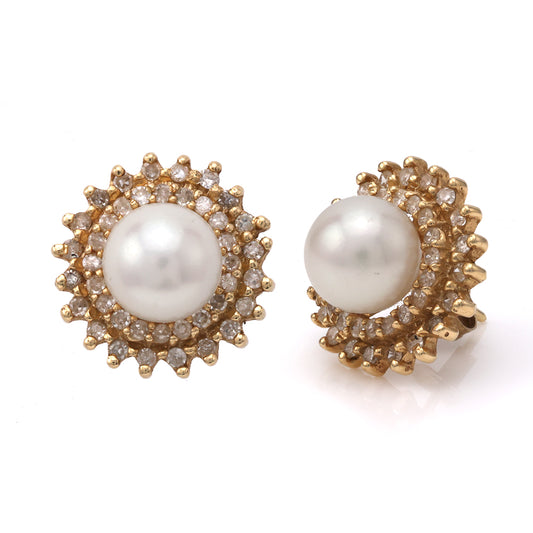 M Estate Collection Stud Color Gemstone Earrings in 14 Karat Yellow with 2 Akoya White Pearls