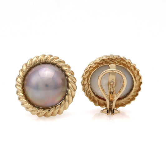 M Estate Collection Stud Color Gemstone Earrings in 14 Karat Yellow with 2 Mabe' Grey Pearls