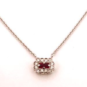 ReMARKABLE Designs Pendant Color Gemstone Necklace in 14 Karat White Gold with 1 Baguette Ruby 0.19ctw