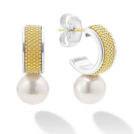 Luna Collection Half Hoops Color Gemstone Earrings in Sterling Silver - 18 Karat White - Yellow Round White Pearl