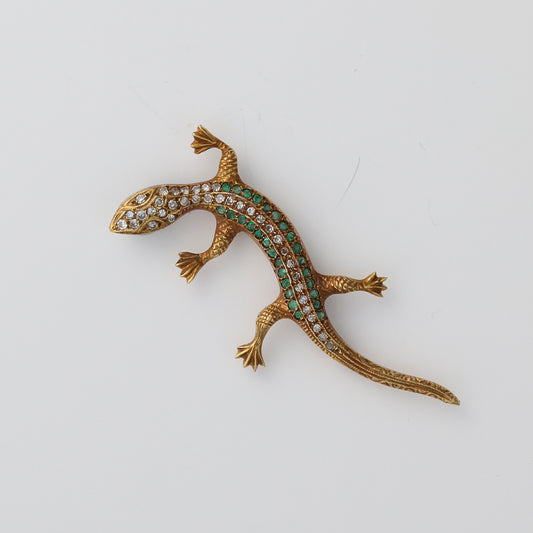 ReMARKable Estate Pins & Brooches Diamond and Emerald Gecko Pin in 18kt Yellow Gold