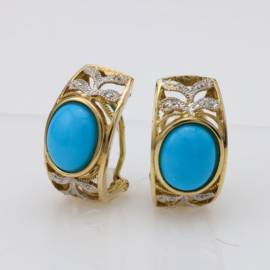 M Estate Collection Huggie Color Gemstone Earrings in 14 Karat Yellow with 2 Oval Blue Turquoises