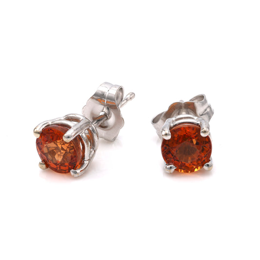 M Estate Collection Stud Color Gemstone Earrings in 14 Karat White with 2 Round Orangy Red Precious Topazes