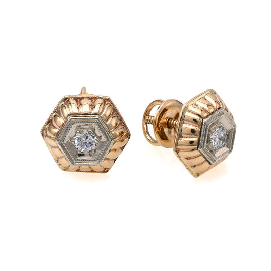 M Estate Collection Stud Natural Diamond Earrings in 14 Karat White - Yellow with 12.00ctw G SI1 Round Diamonds