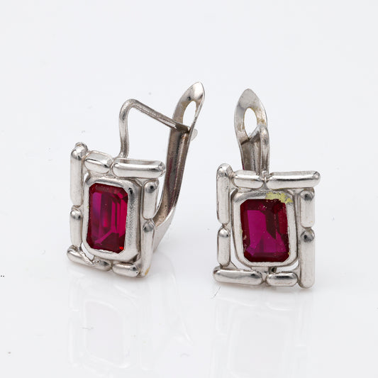 M Estate Collection Stud Color Gemstone Earrings in 18 Karat White with 2 Emerald Lab Created Rubies