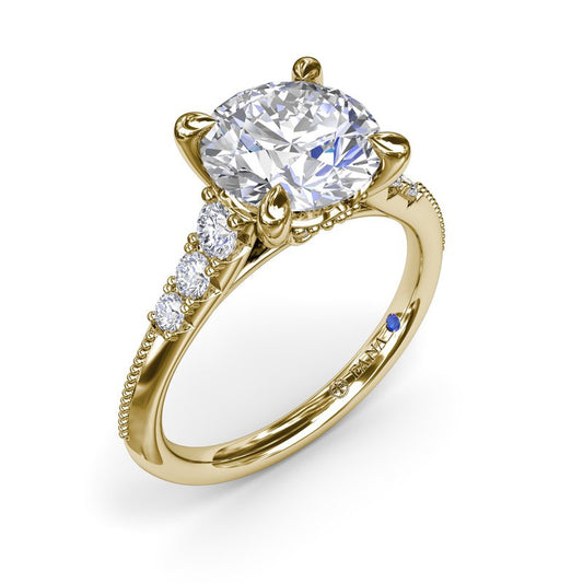 Side Stone Hidden Accent Natural Diamond Semi-Mount Engagement Ring in 14 Karat Yellow with 8 Round Diamonds, totaling 0.32ctw