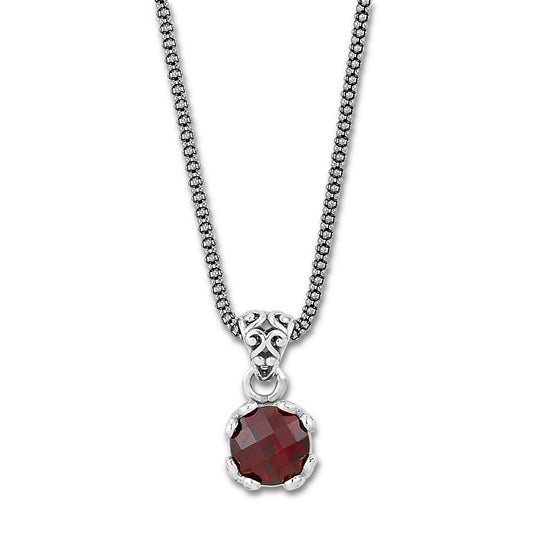 Pendant Color Gemstone Necklace in Sterling Silver White with 1 Round Garnet 7mm-7mm