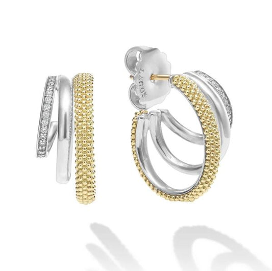 Lagos Caviar Lux Collection Small Hoop Natural Diamond Earrings in Sterling Silver - 18 Karat White - Yellow with 0.16ctw Round Diamond