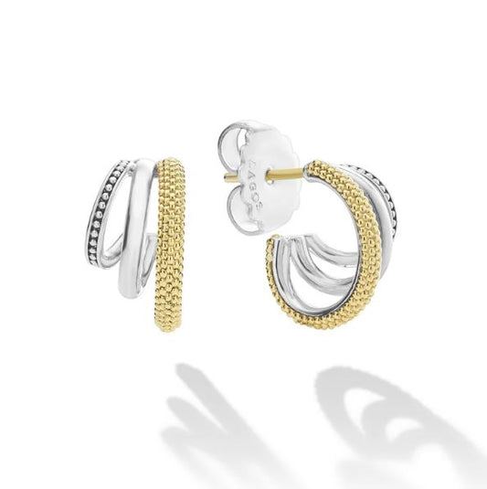 Lagos Caviar Lux Collection Small Hoop Earrings (No Stones) in Sterling Silver - 18 Karat White - Yellow