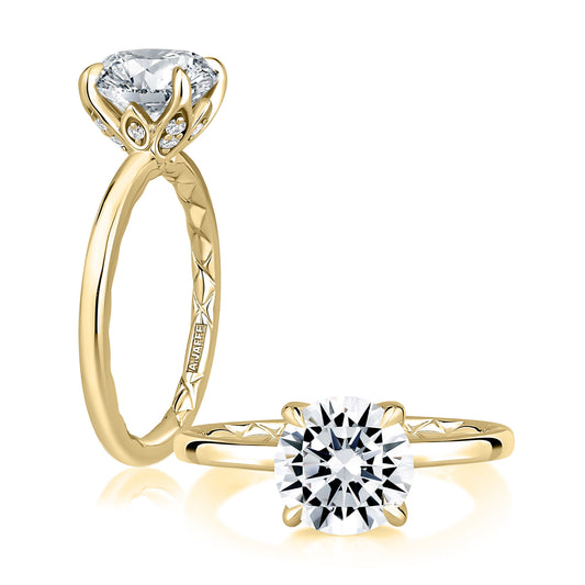 Hidden Accent Solitaire Natural Diamond Semi-Mount Engagement Ring in 14 Karat Yellow with 12 Round Diamonds, totaling 0.10ctw