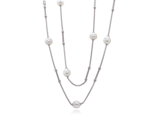 Station Color Gemstone Necklace in Stainless Steel Grey with 8 South Sea Pearls