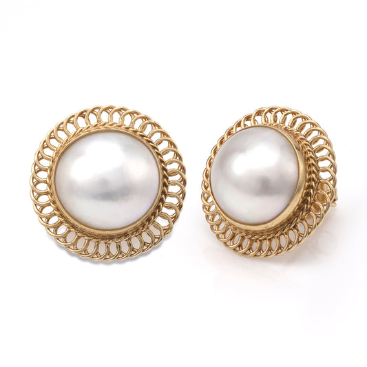 M Estate Collection Stud Color Gemstone Earrings in 14 Karat Yellow with 2 Mabe' White Pearls