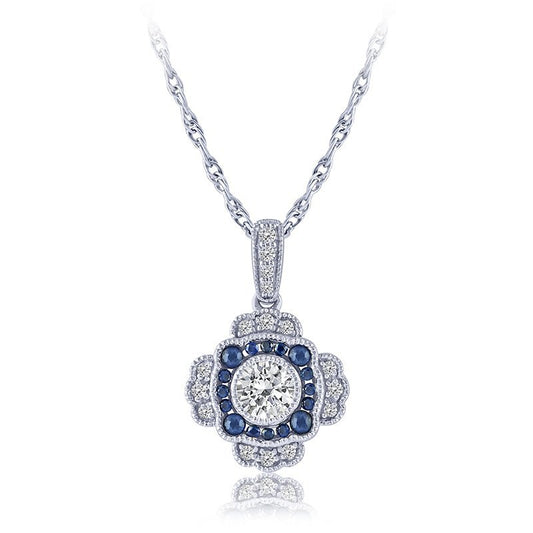 Equity Diamond Brokers Pendant Color Gemstone Necklace in 14 Karat White Gold with 16 Round Sapphires 0.20ctw