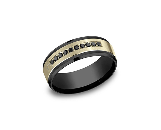 Natural Diamond Men's Wedding Band in Titanium - 14 Karat Black - Yellow with 0.20ctw Black Round Diamonds