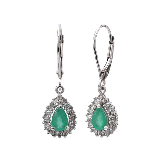 M Estate Collection Dangle Color Gemstone Earrings in 14 Karat White with 2 Pear Emeralds 0.40ctw -4.1mm