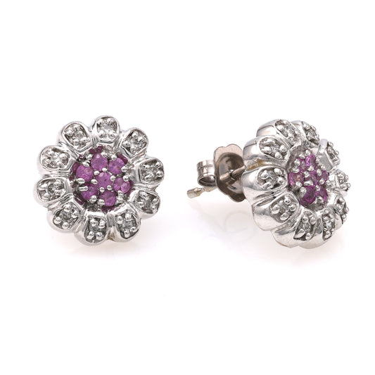 M Estate Collection Stud Color Gemstone Earrings in 14 Karat White with 14 Round Pink Sapphires 0.10ctw