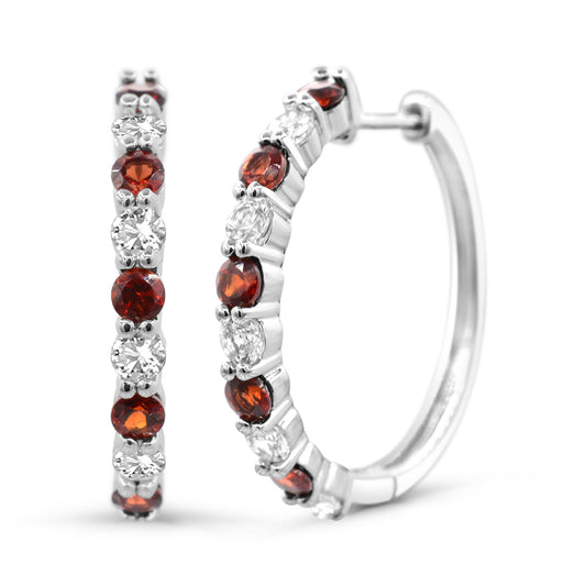 Medium Hoop Color Gemstone Earrings in Sterling Silver White with 10 Round Garnets 1.70ctw