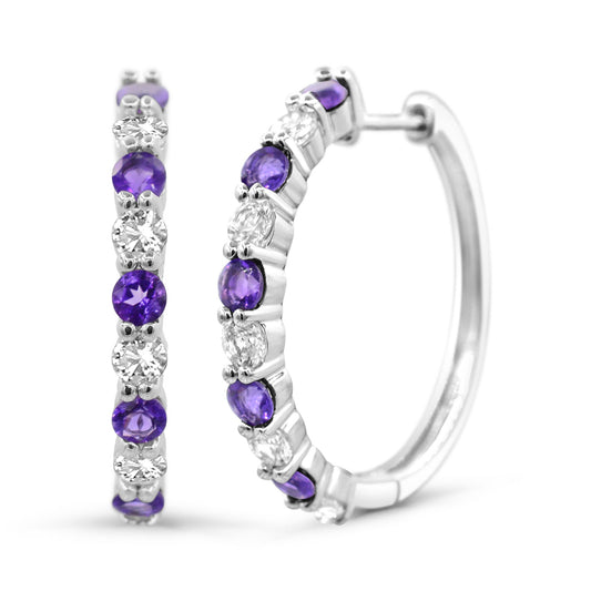 Medium Hoop Color Gemstone Earrings in Sterling Silver White with 10 Round Amethysts 1.50ctw