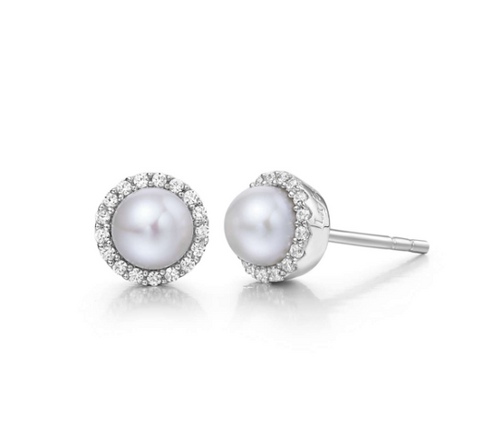 Stud Color Gemstone Earrings in Platinum Bonded Sterling Silver White Freshwater Pearl