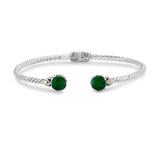 Bangle Color Gemstone Bracelet in Sterling Silver - 18 Karat White - Yellow with 2 Round Emeralds 7mm